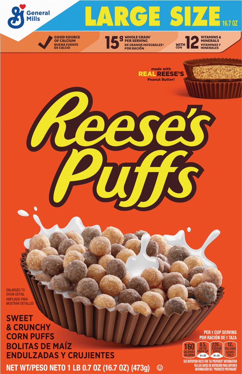 slide 5 of 13, Reese's Puffs, Chocolatey Peanut Butter Cereal, 16.7 OZ Large Size Box, 16.7 oz