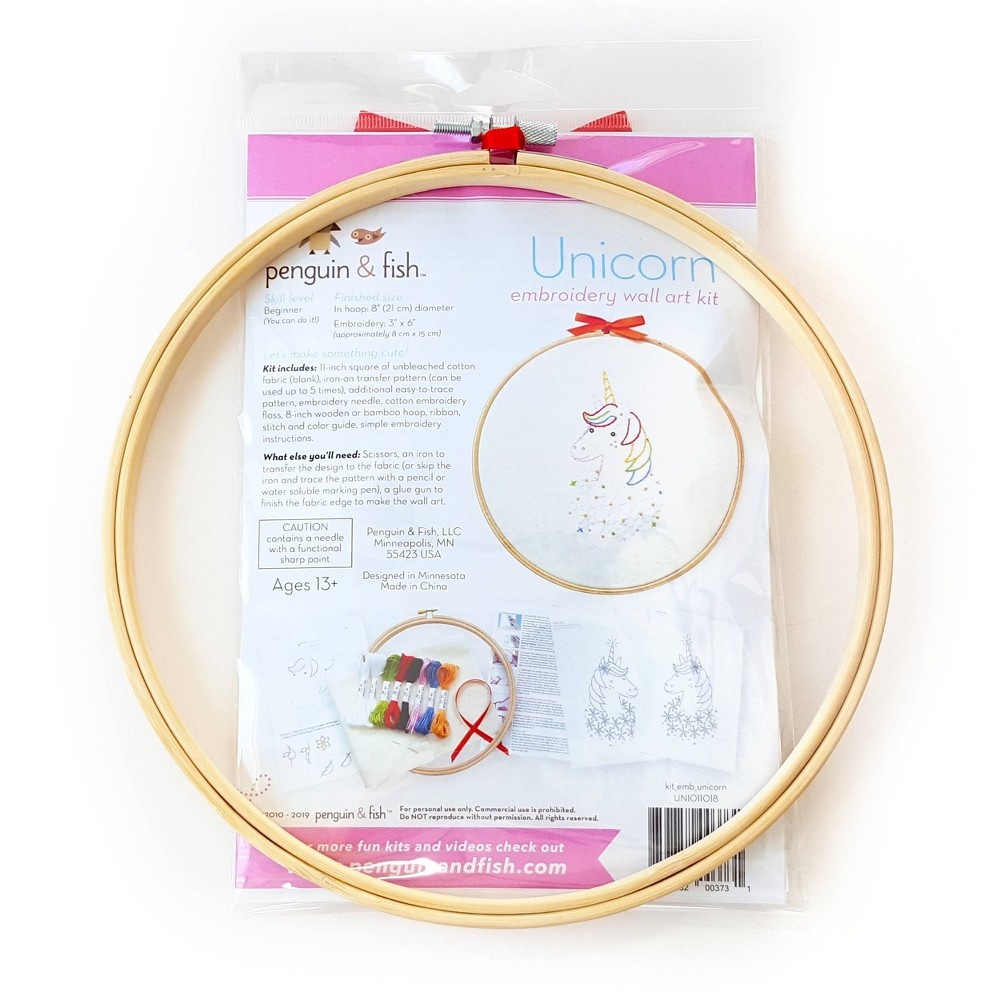 slide 4 of 4, Penguin Brand & Fish Unicorn Embroidery Wall Art Kit, 1 ct