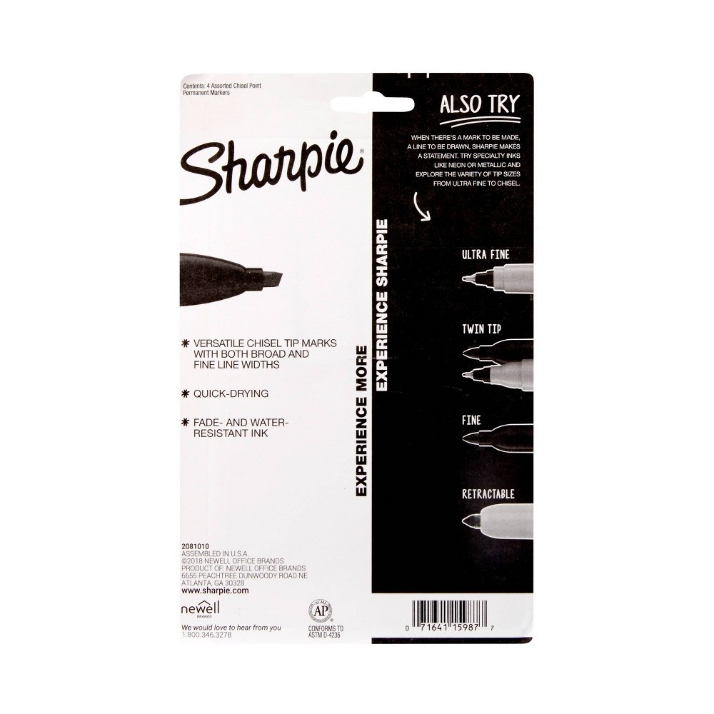 slide 2 of 4, Sharpie Permanent Markers Chisel Tip Multicolored, 4 ct