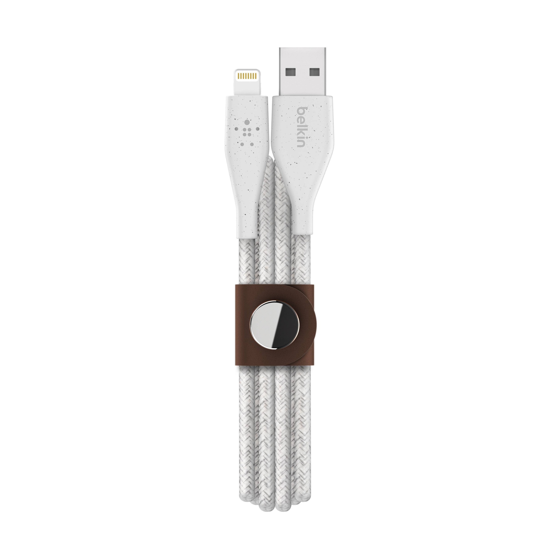 slide 1 of 3, Belkin DuraTek Plus Lightning to USB-A Cable with Strap - White, 4 ft