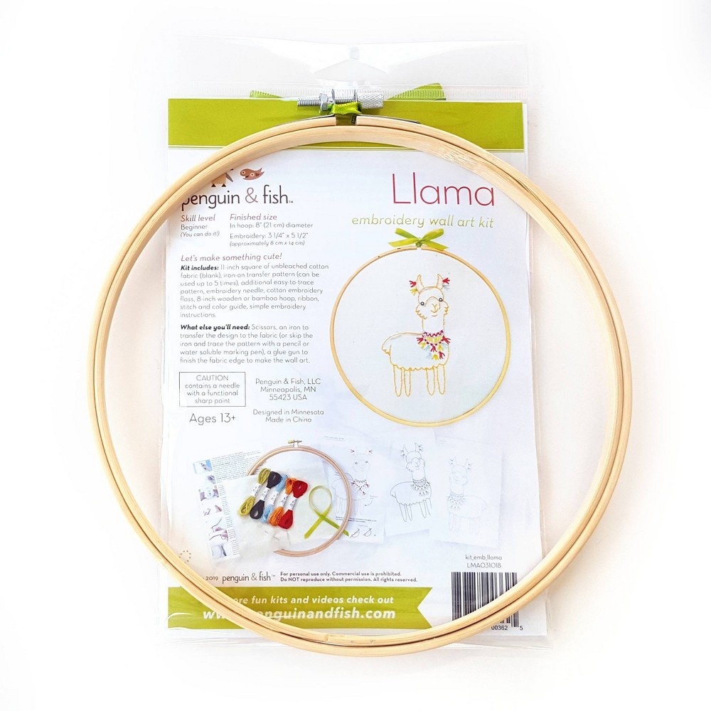 slide 4 of 4, Penguin Brand & Fish Llama Embroidery Wall Art Kit, 1 ct