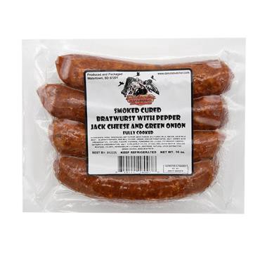 slide 1 of 1, Dakota Butcher Smoked Cured Bratwurst With Pepper Jack Cheese & Green Onion, 16 oz