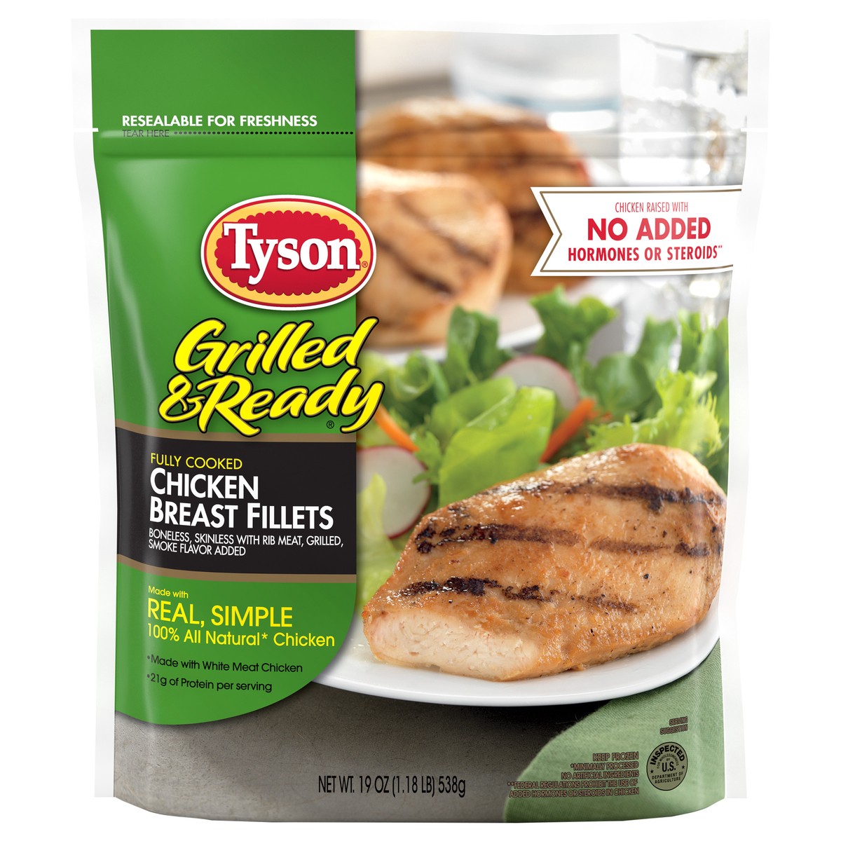 slide 1 of 6, Tyson Grilled & Ready Fully Cooked Grilled Chicken Breast Fillets, 19 oz. (Frozen), 538.64 gram