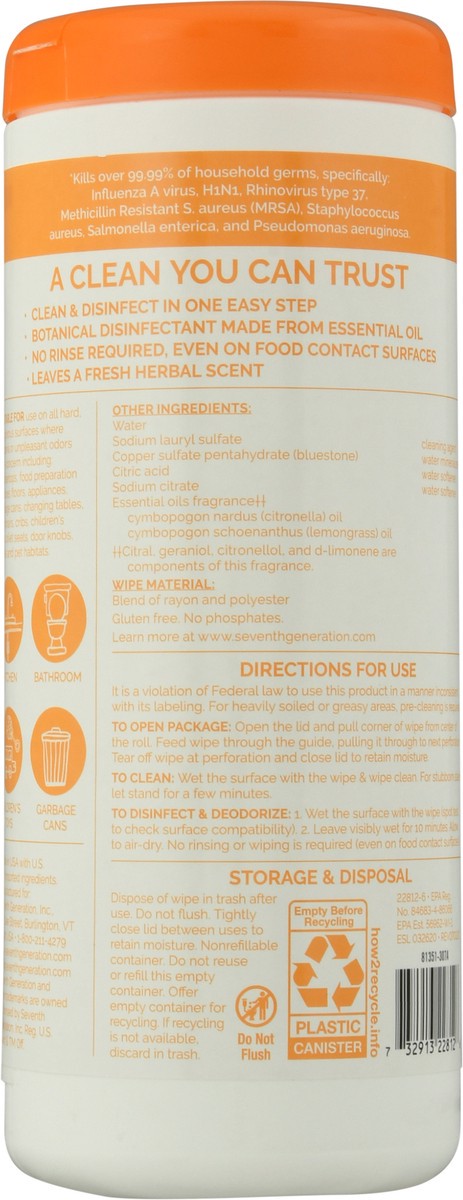 slide 2 of 12, Seventh Generation Disinfectant Wipes Lemongrass Citrus, 35 count, 35 ct