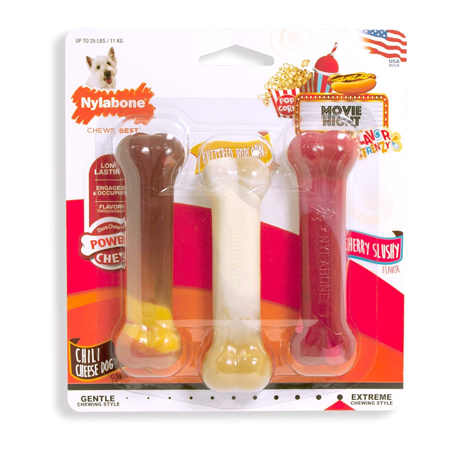 slide 1 of 10, Nylabone Flavor Frenzy Power Chew Triple Pack Chili Cheese Dog, & Popcorn & Cherry Small/Regular - Up to 25 Ibs.(3 Count), 3 ct