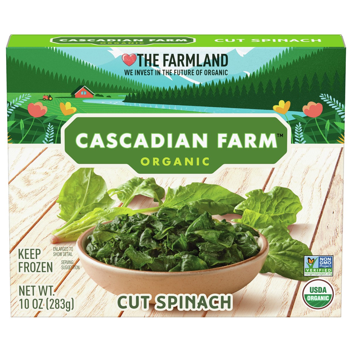 slide 1 of 9, Cascadian Farm Organic Cut Spinach, Frozen Vegetables, 10 oz., 1 ct