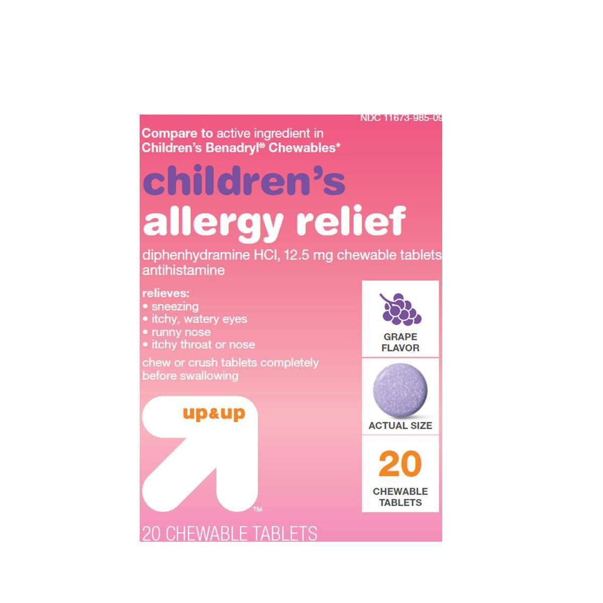 slide 1 of 1, Children's Diphenhydramine Allergy Relief Chewable Tablets - Grape - 20ct - up & up, 20 ct