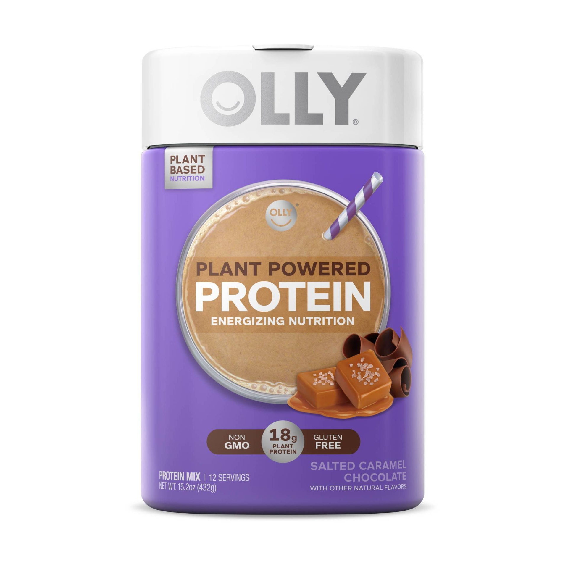 slide 1 of 4, Olly Plant-Powered Protein Powder - Salted Caramel Chocolate, 13 oz