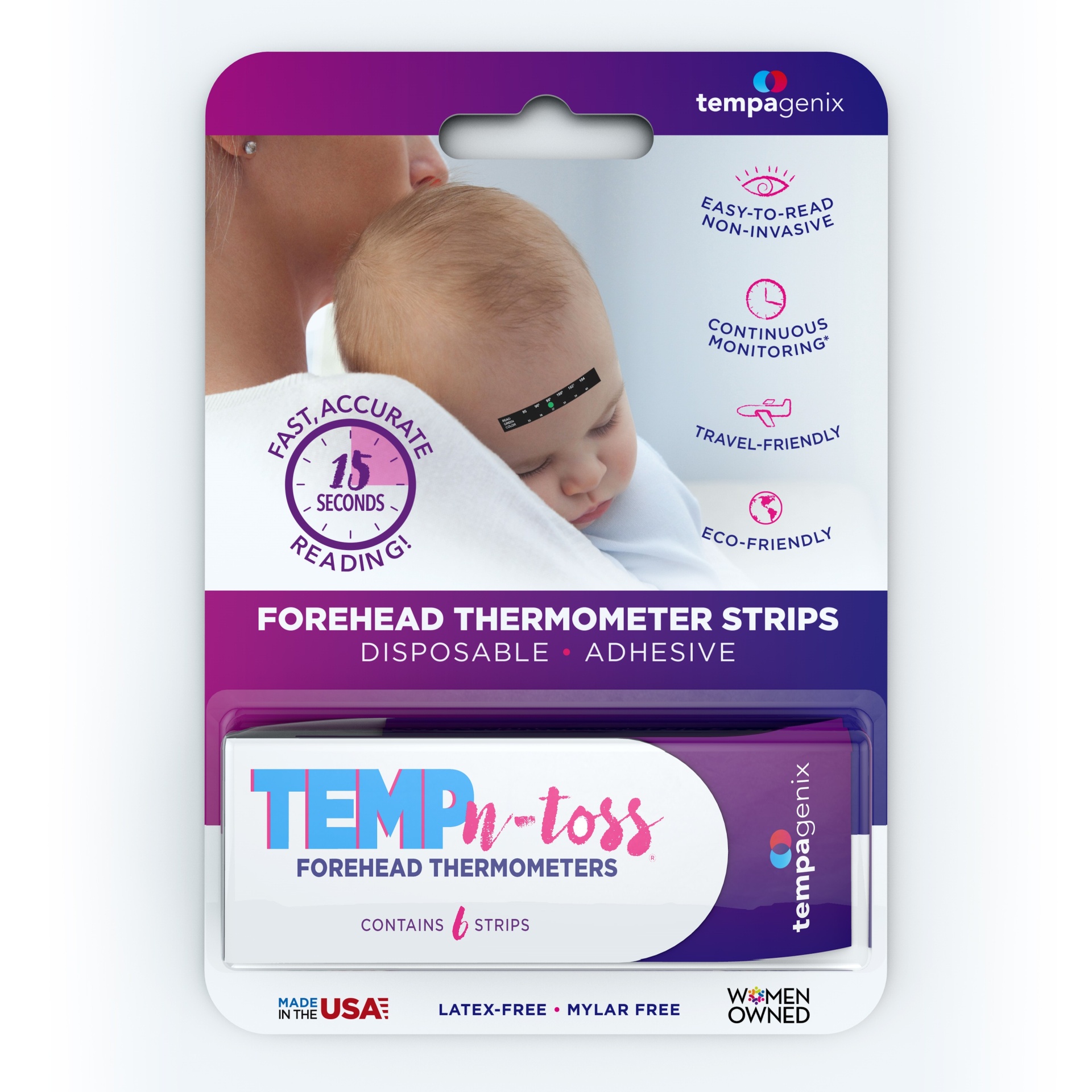 slide 1 of 4, Tempagenix Temp-N-Toss Disposable Forehead Thermometer Strips, 6 ct