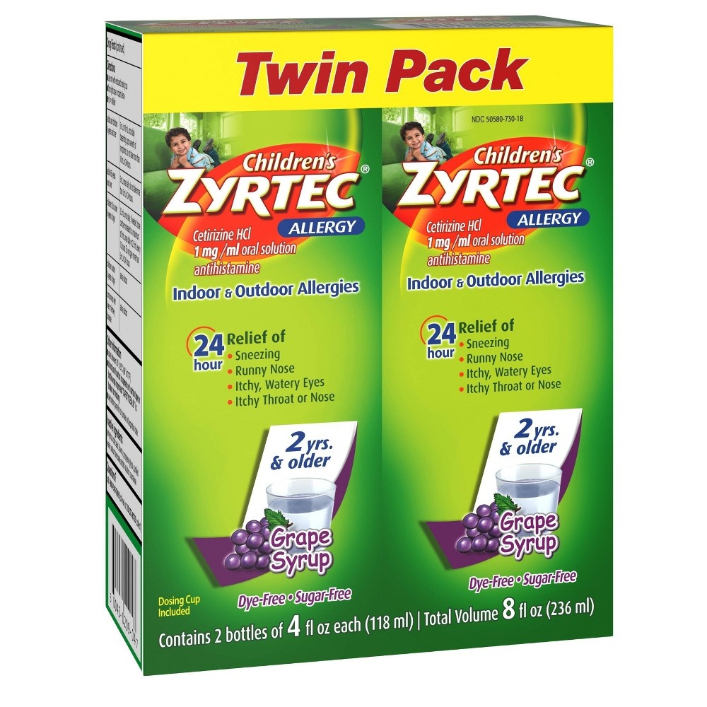 slide 3 of 10, Children's Zyrtec Allergy Syrup, Dye-Free, Sugar-Free Grape (Twin Pack), 4 fl oz, 2 ct