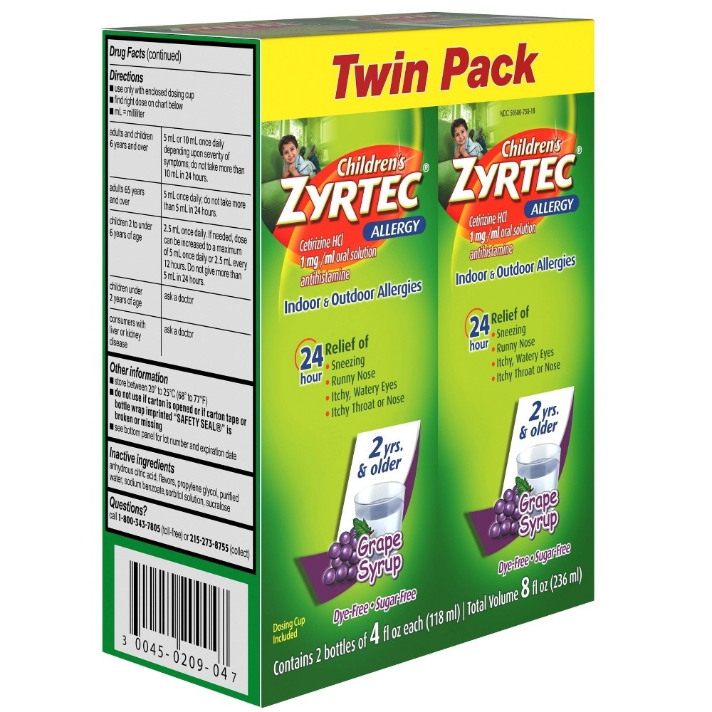 slide 4 of 10, Children's Zyrtec Allergy Syrup, Dye-Free, Sugar-Free Grape (Twin Pack), 4 fl oz, 2 ct