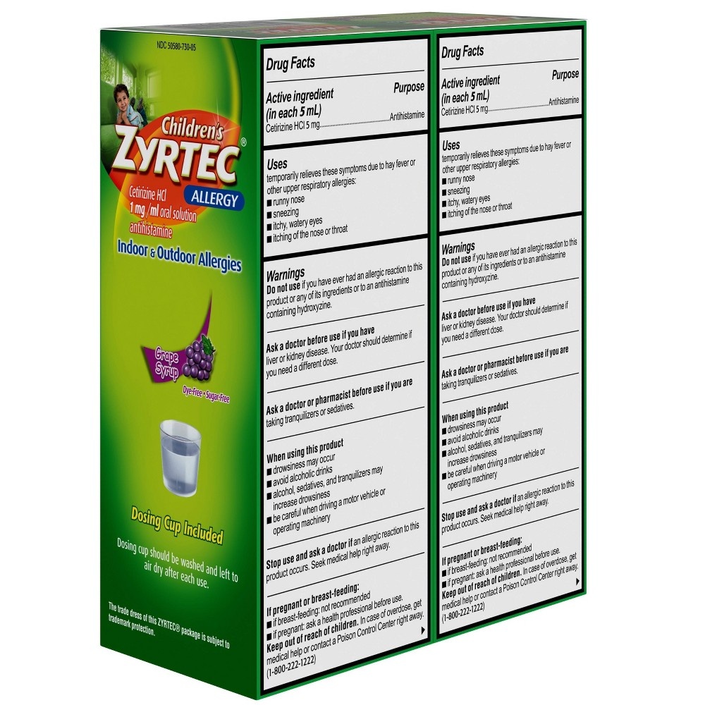 slide 8 of 10, Children's Zyrtec Allergy Syrup, Dye-Free, Sugar-Free Grape (Twin Pack), 4 fl oz, 2 ct
