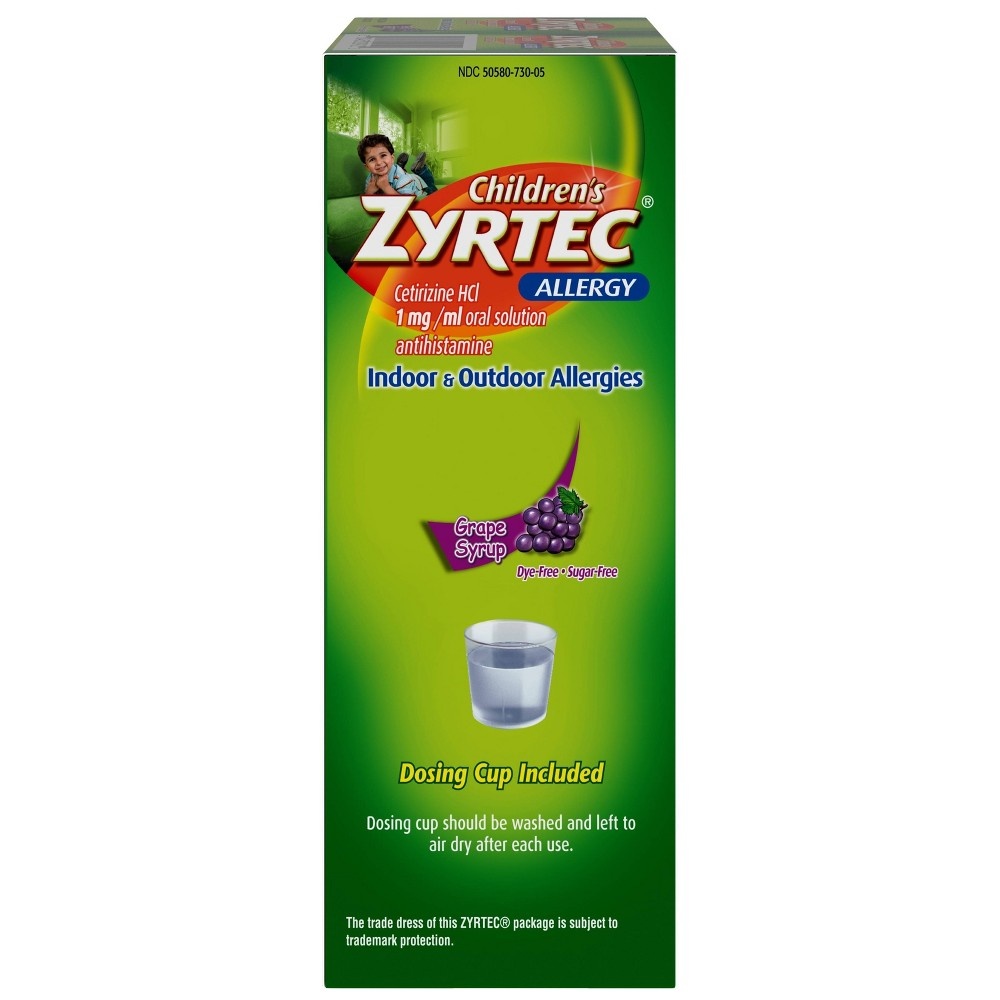 slide 2 of 10, Children's Zyrtec Allergy Syrup, Dye-Free, Sugar-Free Grape (Twin Pack), 4 fl oz, 2 ct