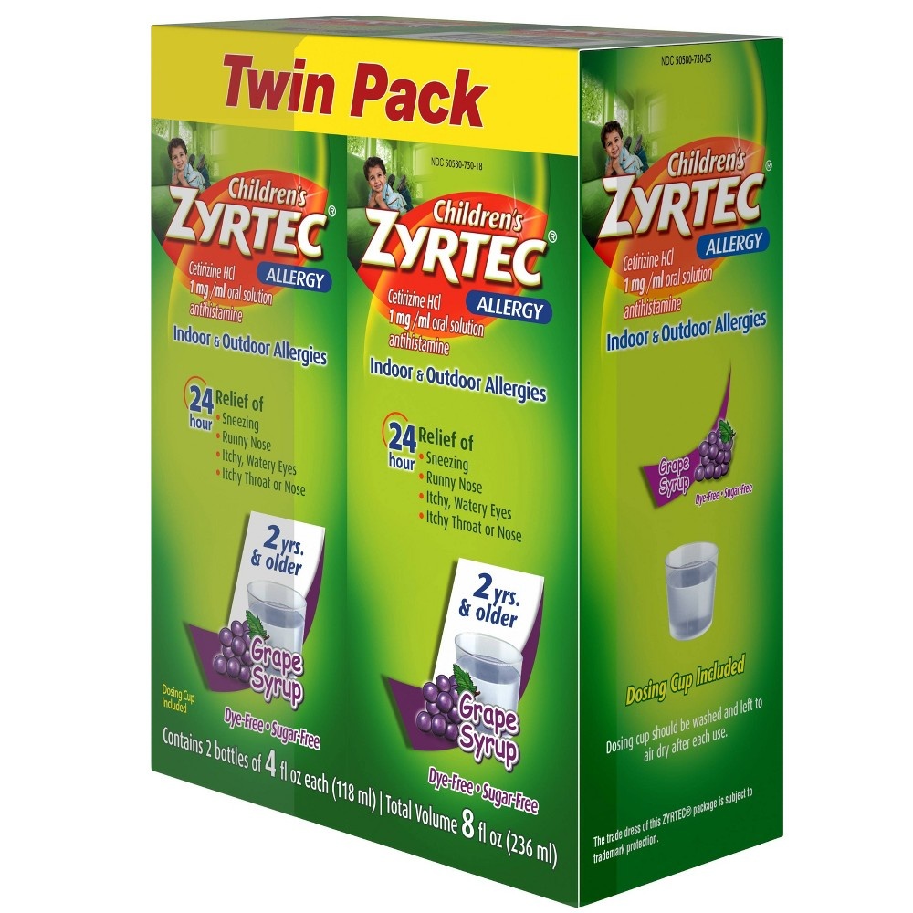 slide 9 of 10, Children's Zyrtec Allergy Syrup, Dye-Free, Sugar-Free Grape (Twin Pack), 4 fl oz, 2 ct