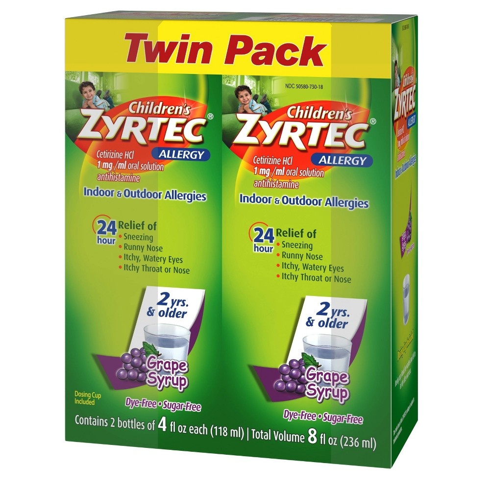 slide 10 of 10, Children's Zyrtec Allergy Syrup, Dye-Free, Sugar-Free Grape (Twin Pack), 4 fl oz, 2 ct
