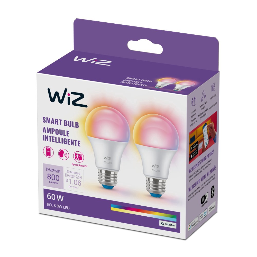 slide 3 of 6, WiZ 8.8 watts 60-Watt A19 Smart Color Bulb Multi Color and Kelvin, 2 ct