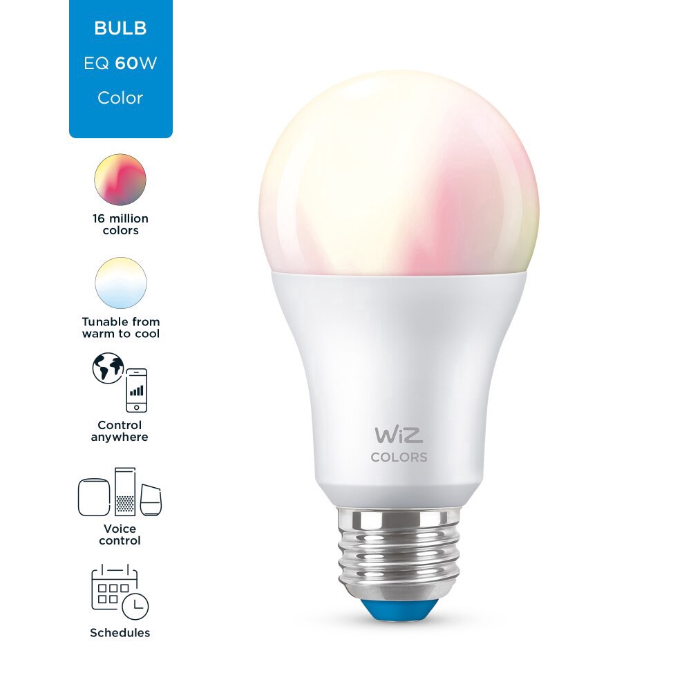 slide 4 of 6, WiZ 8.8 watts 60-Watt A19 Smart Color Bulb Multi Color and Kelvin, 2 ct