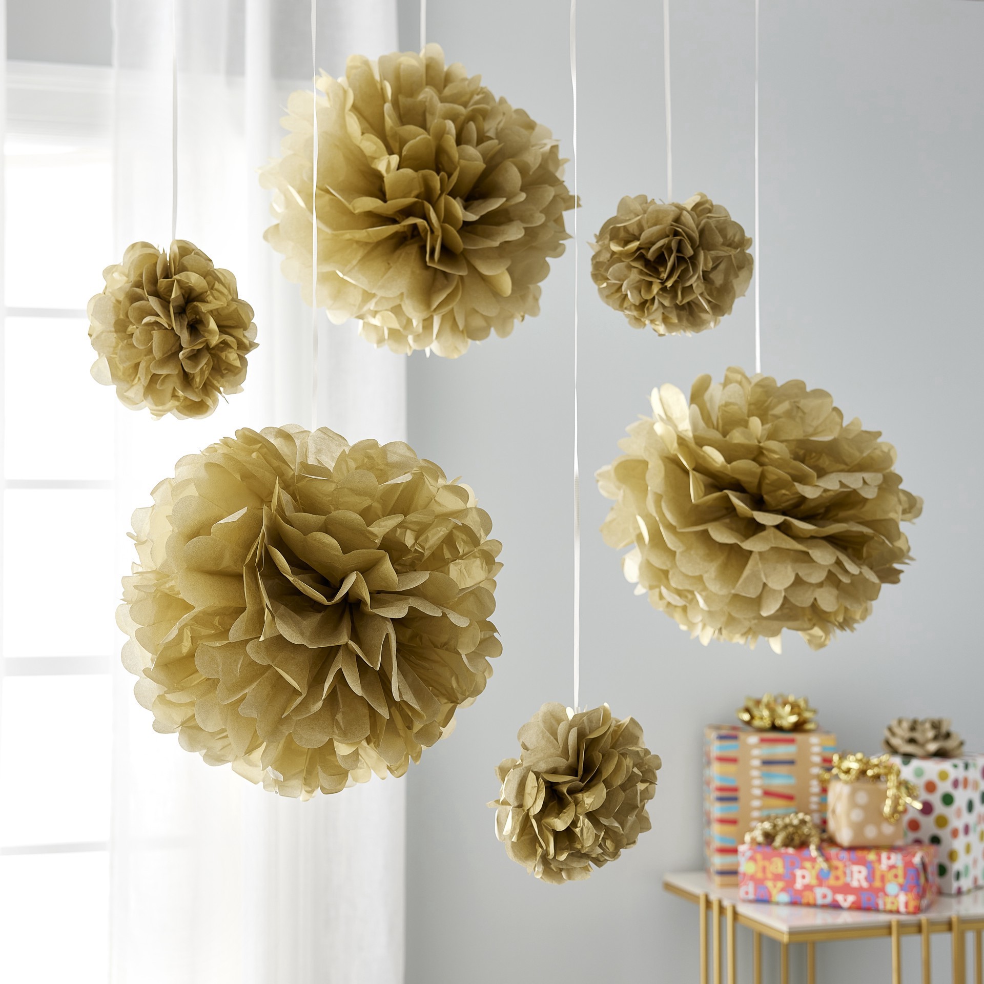 slide 5 of 6, Gold Paper Pom Poms By Celebrate It, 10 in x 6 in package size