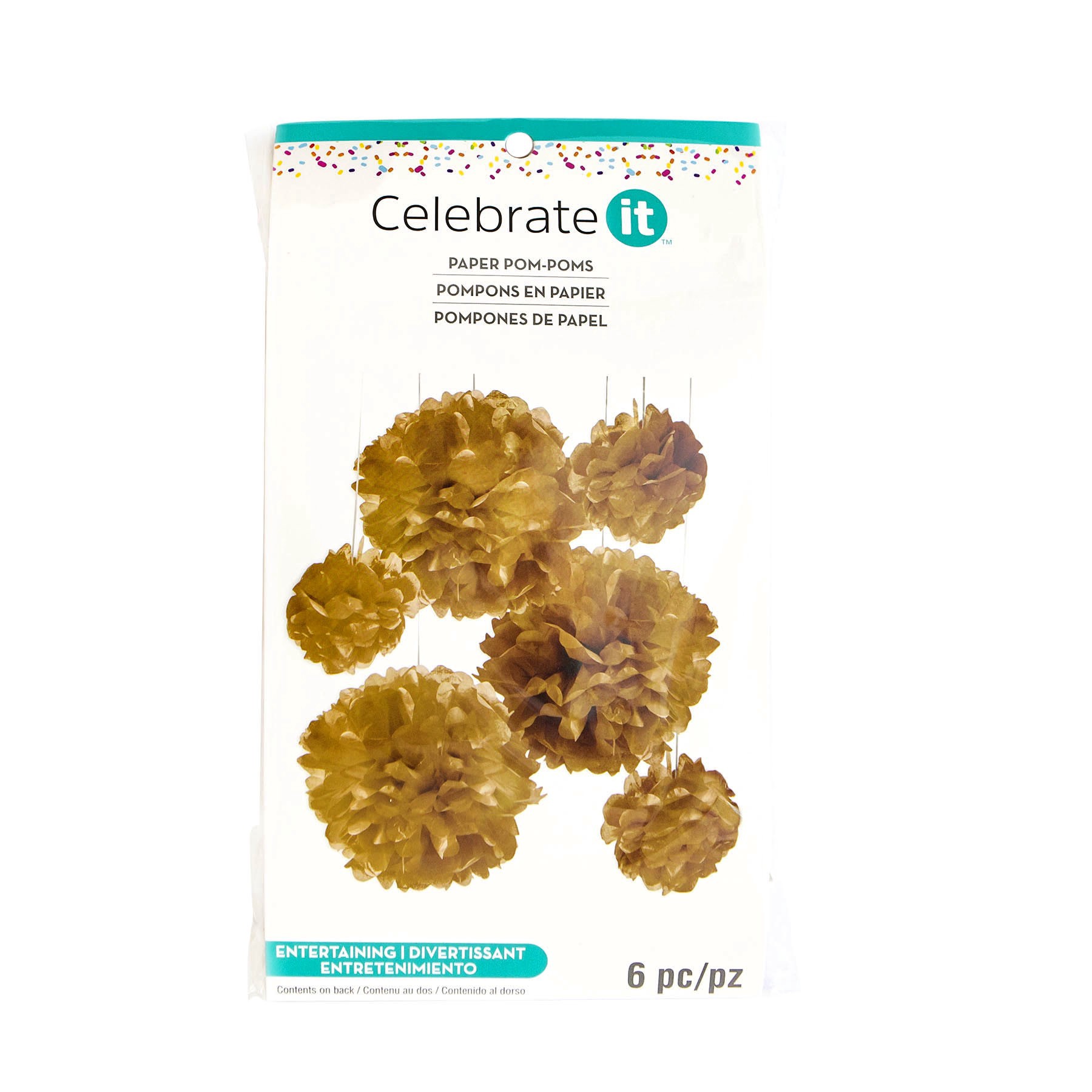 slide 4 of 6, Gold Paper Pom Poms By Celebrate It, 10 in x 6 in package size