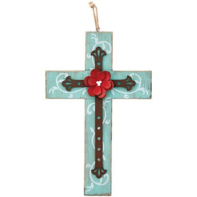 slide 1 of 1, Haven & Key Teal Cross with Red Flower Spring Wall Dcor, 1 ct