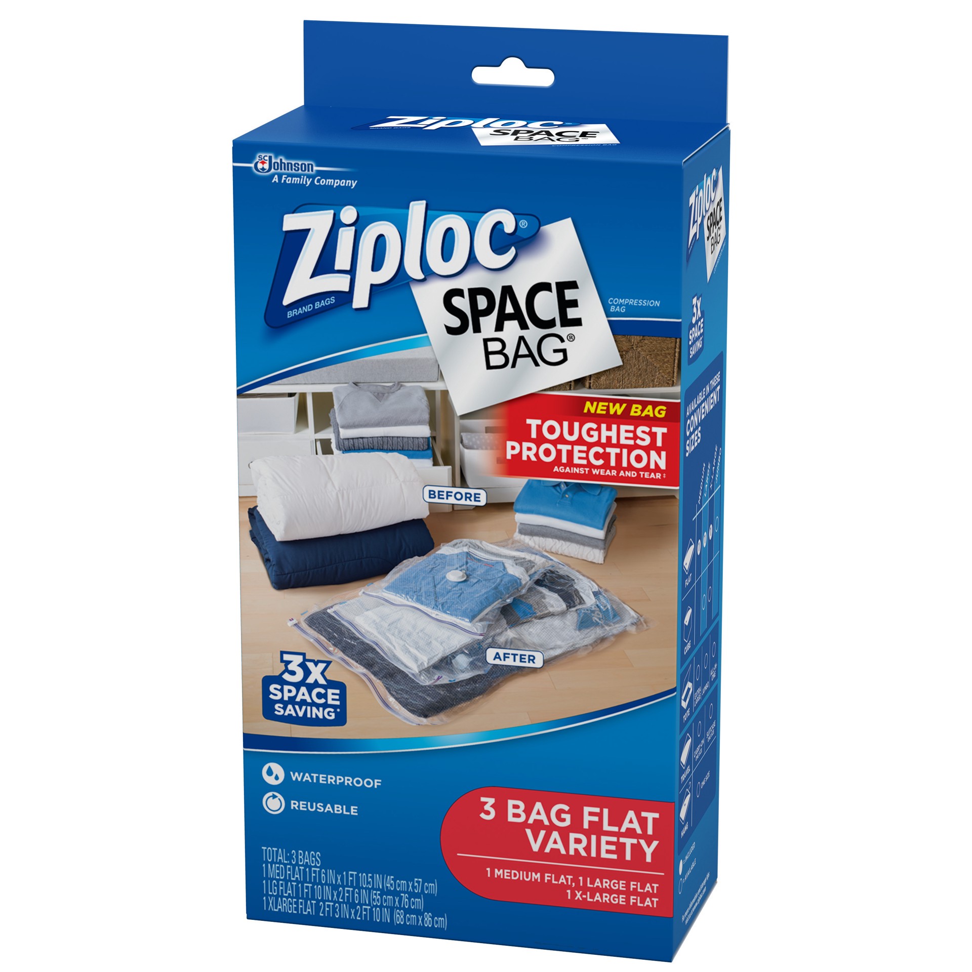 slide 2 of 4, Ziploc Space Bag 3ct Combo Pack (1 Medium Flat, 1 Large Flat, 1 XL Flat), 3 ct