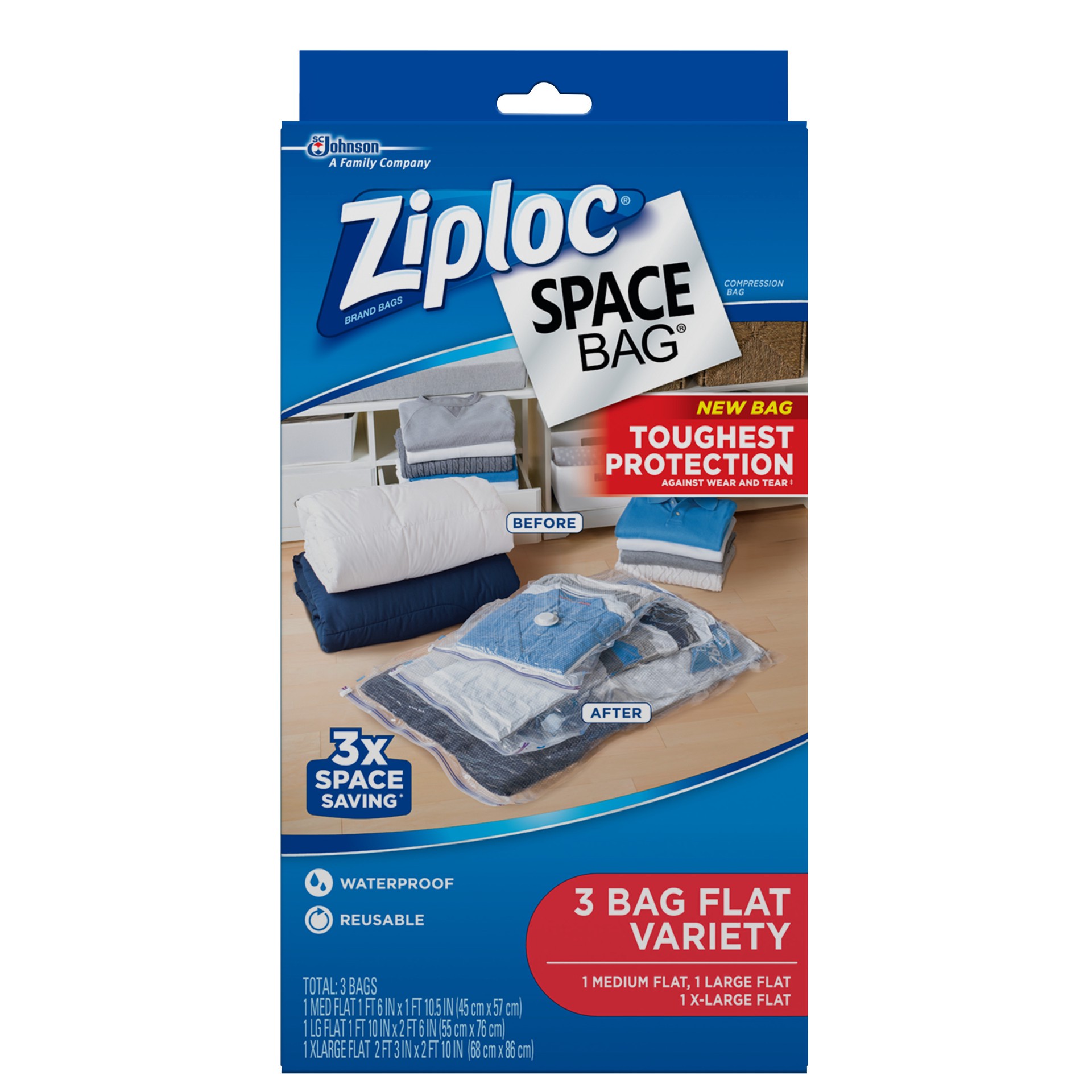 slide 1 of 4, Ziploc Space Bag 3ct Combo Pack (1 Medium Flat, 1 Large Flat, 1 XL Flat), 3 ct
