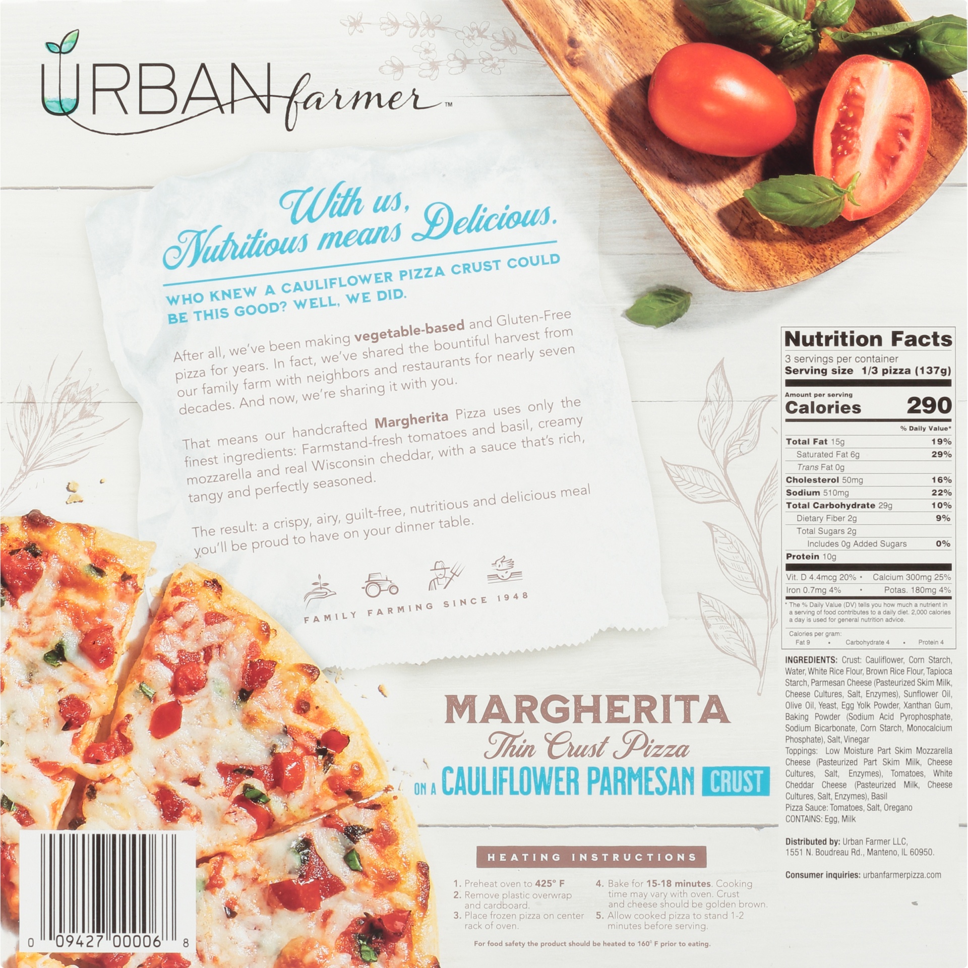 slide 8 of 8, Urban Farmer Pizza Margherita Cauliflower Parmesan Crust Frozen, 14.3 oz
