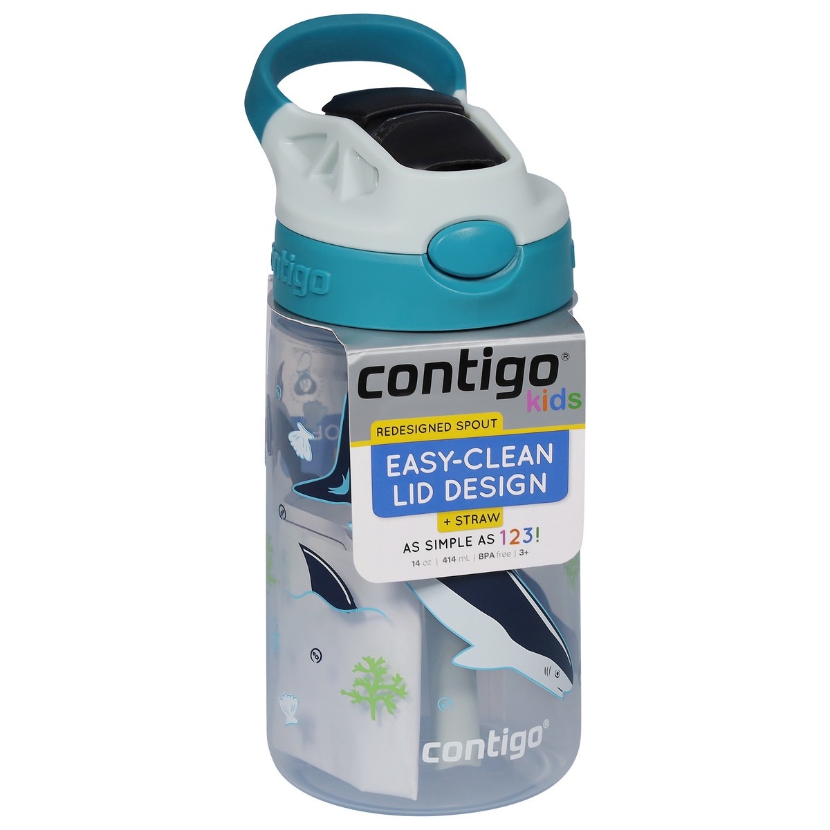 slide 3 of 9, Contigo Kids 14 Ounce Autospout Cleanable Macaroon with Shark Graphic Water Bottle 1 ea, 1 ct