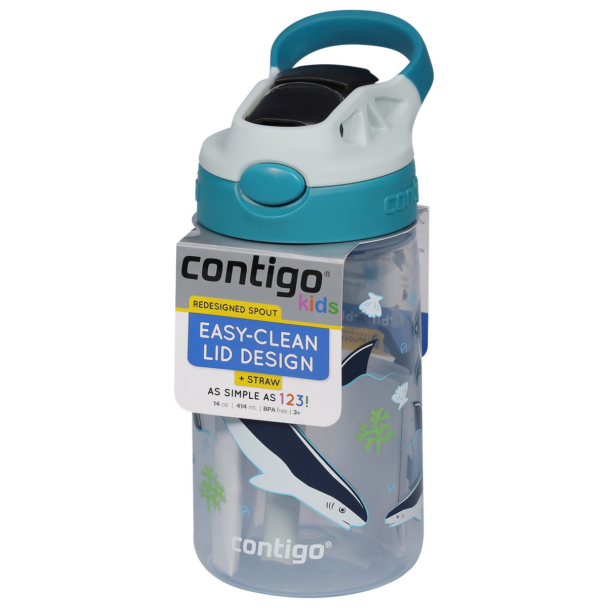 slide 5 of 9, Contigo Kids 14 Ounce Autospout Cleanable Macaroon with Shark Graphic Water Bottle 1 ea, 1 ct