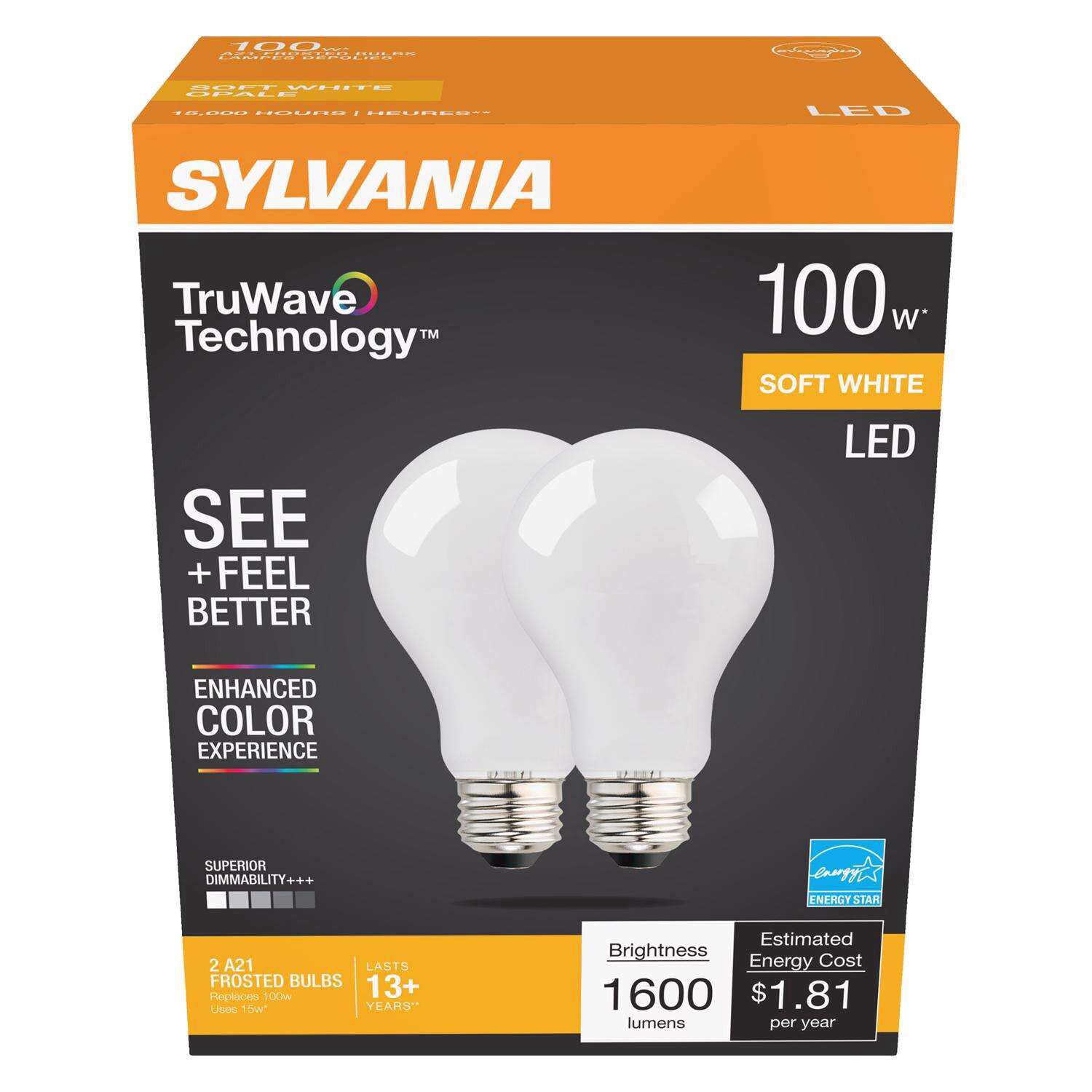 slide 1 of 1, Sylvania TruWave LED 100 Watt A21 Soft White Frost Light Bulbs, 2 ct