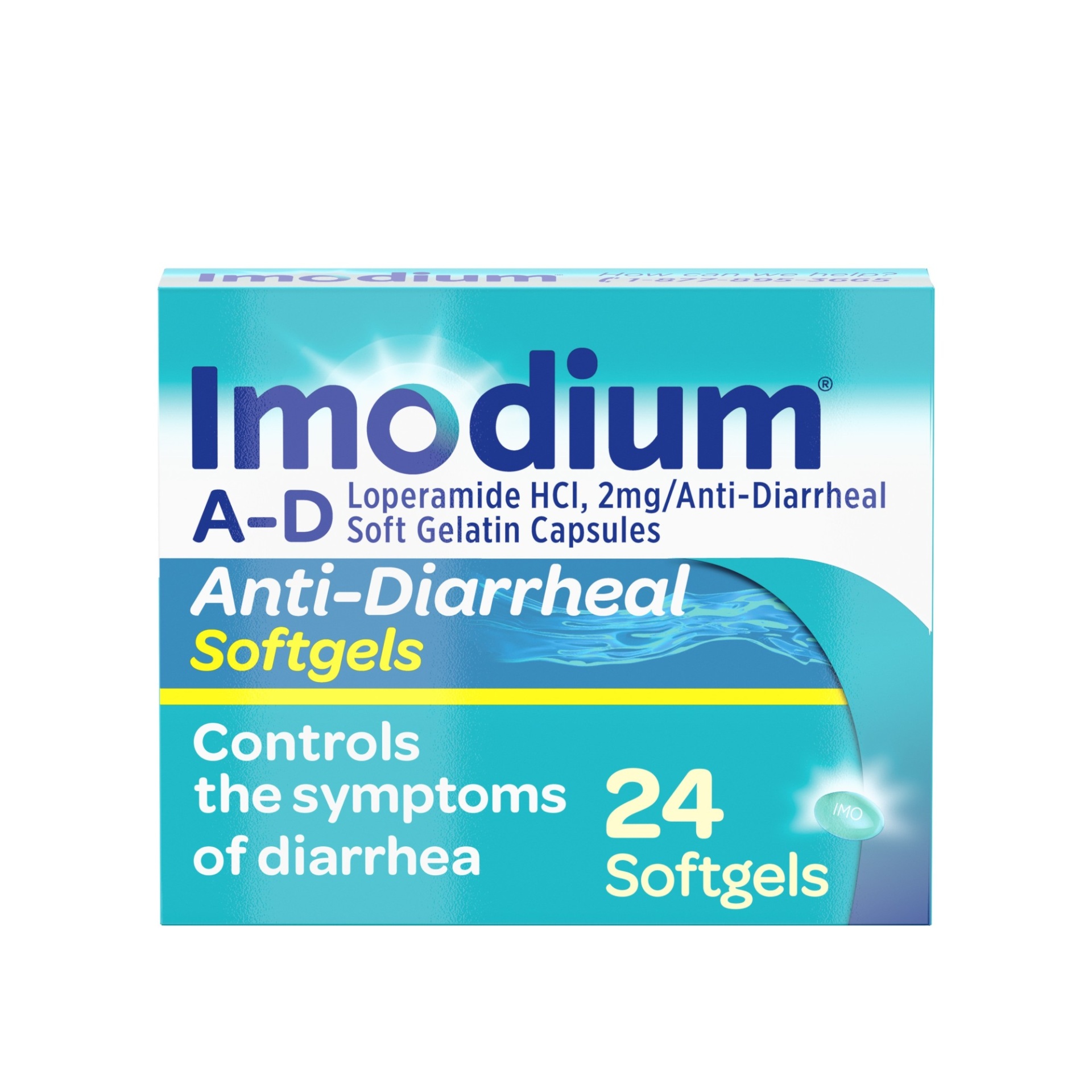 slide 1 of 6, Imodium A-D Anti-Diarrheal Medicine Softgels with 2 mg Loperamide Hydrochloride per Capsule, Diarrhea Relief to Help Control Symptoms Due to Acute, Active & Traveler's Diarrhea, 24 ct