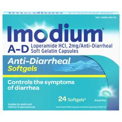 Imodium A-D Anti-Diarrheal Medicine Softgels with 2 mg Loperamide Hydrochloride per Capsule, Diarrhea Relief to Help Control Symptoms Due to Acute, Active & Traveler''s Diarrhea, 24 ct.