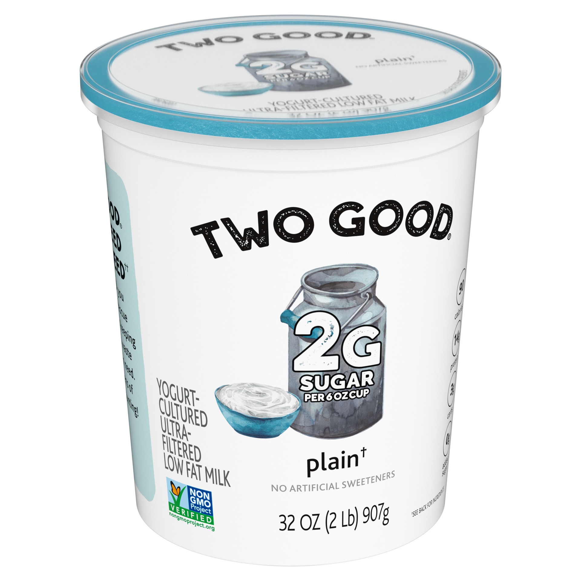 slide 5 of 5, Too Good & Co. Plain Flavored Lower Sugar, Low Fat Greek Yogurt Cultured Product, 32 OZ Tub, 32 oz