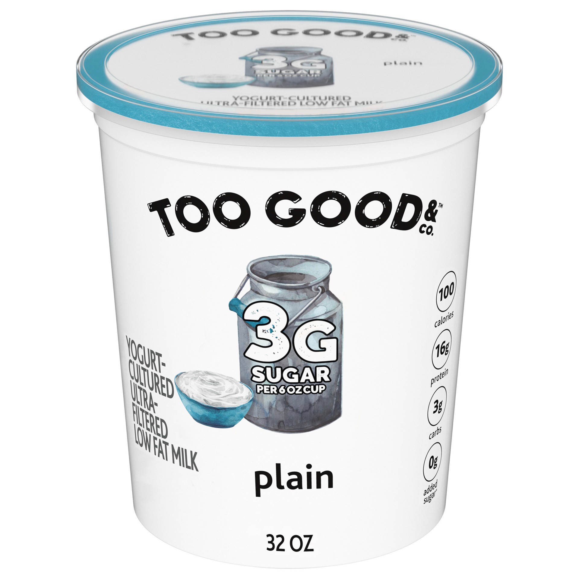 slide 1 of 5, Too Good & Co. Plain Flavored Lower Sugar, Low Fat Greek Yogurt Cultured Product, 32 OZ Tub, 32 oz