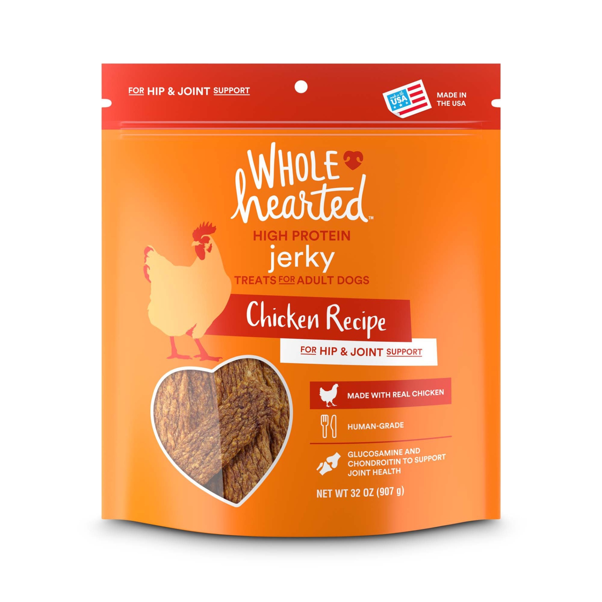 slide 1 of 1, WholeHearted Hip and Joint Chicken Recipe Jerky Adult Dog Treats, 32 oz