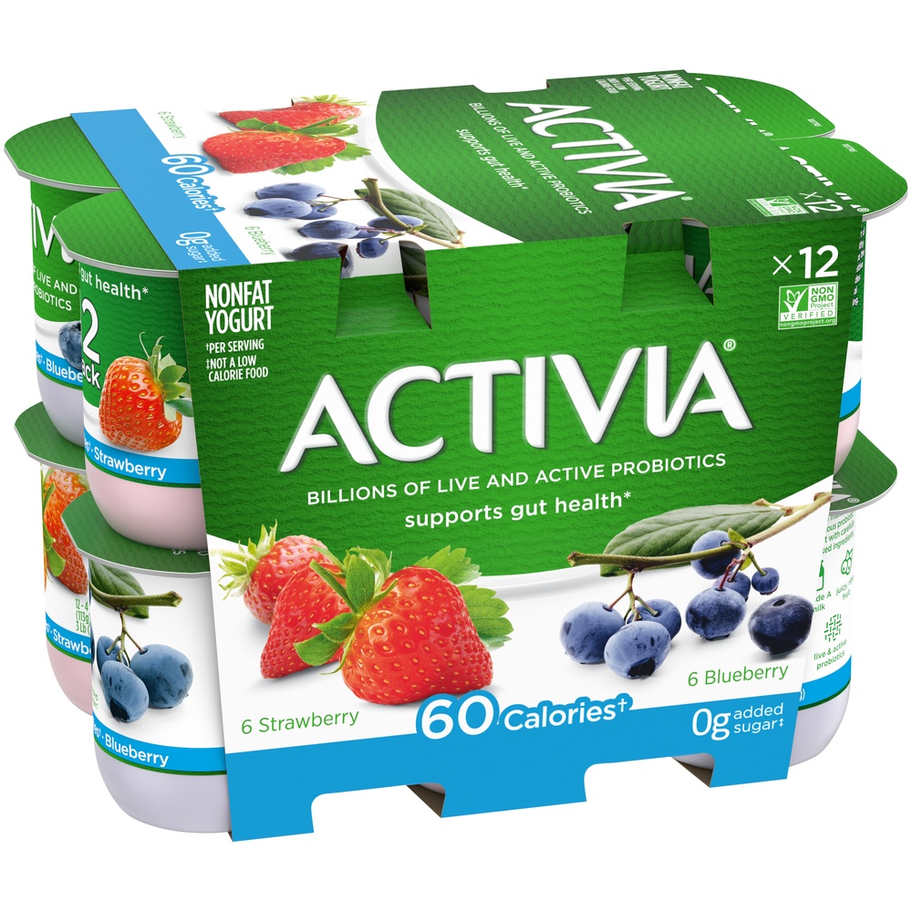 slide 4 of 8, Activia Nonfat Probiotic Strawberry & Blueberry Variety Pack Yogurt Cups, 4 oz