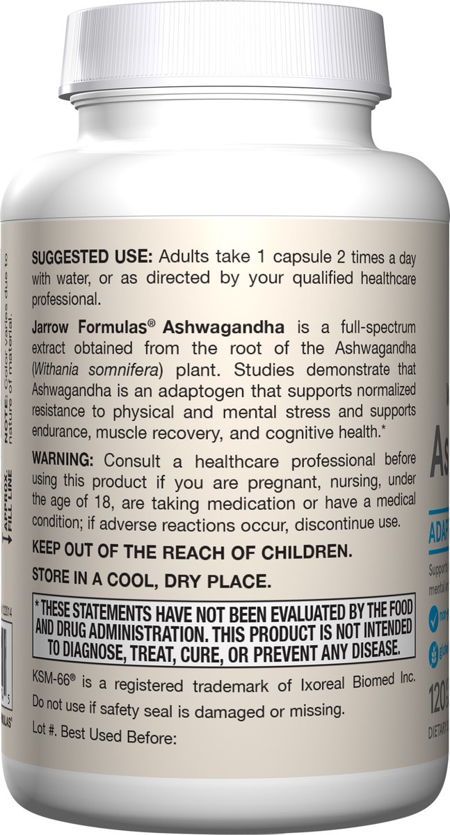 slide 2 of 4, Jarrow Formulas Ashwagandha 300 mg - 120 Veggie Capsules - Overall Health & Resistance to Fatigue - Supplement Supports Endurance, Muscle Recovery & Cognitive Health - 60 Servings, 120 ct
