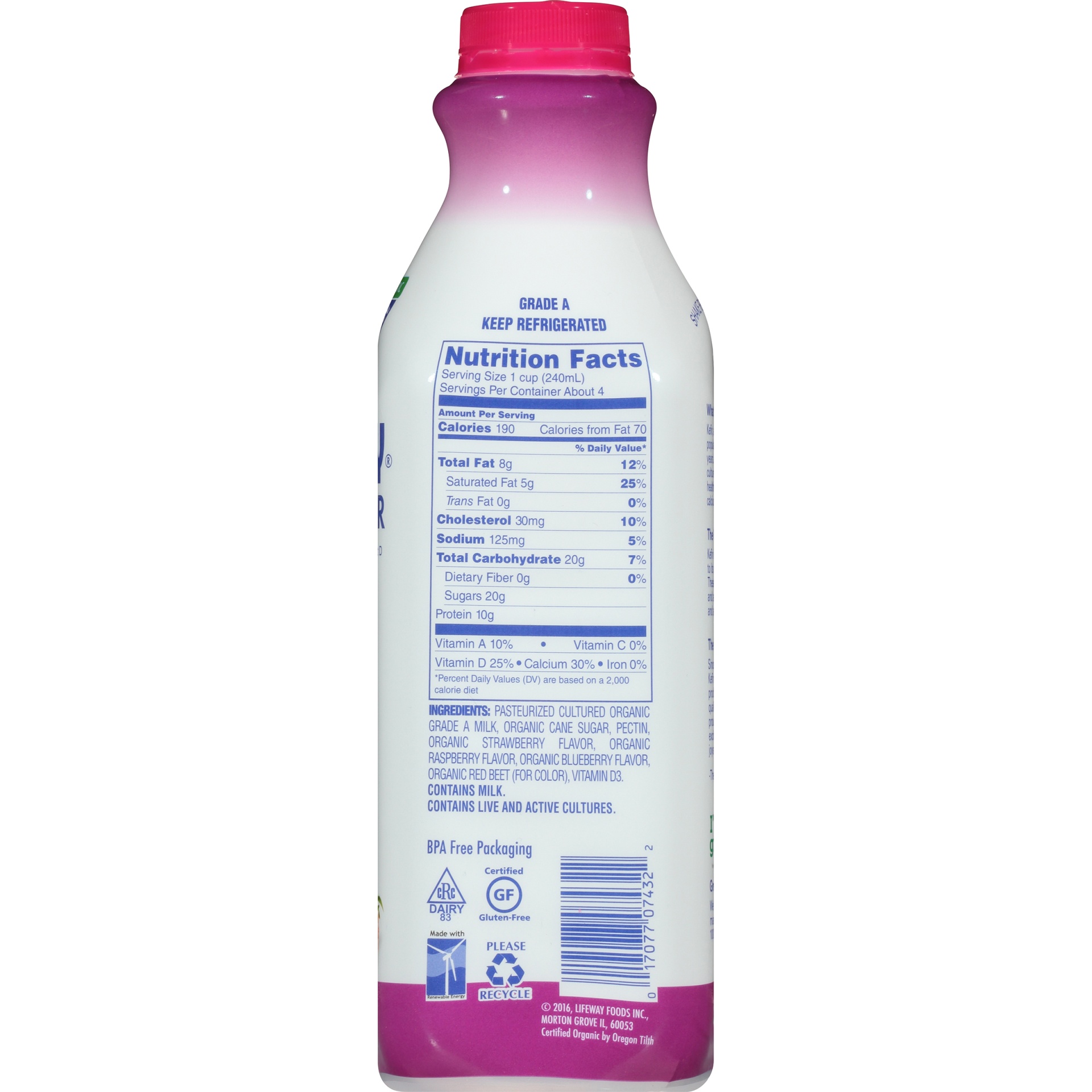 slide 5 of 8, Lifeway Organic Kefir Mixed Berry Cultured Whole Milk, 32 oz