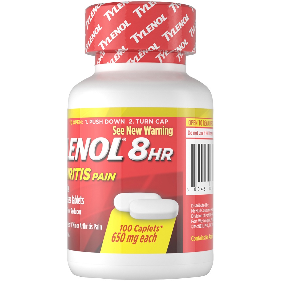 slide 3 of 6, Tylenol 8HR Arthritis Pain Relief Caplets, 650 mg Acetaminophen Pain Relief Pills for Minor Arthritis Pain & Joint Pain, Fever Reducer, Oral Pain Reliever for Joint Pain; 100 ct.; Pack of 1, 