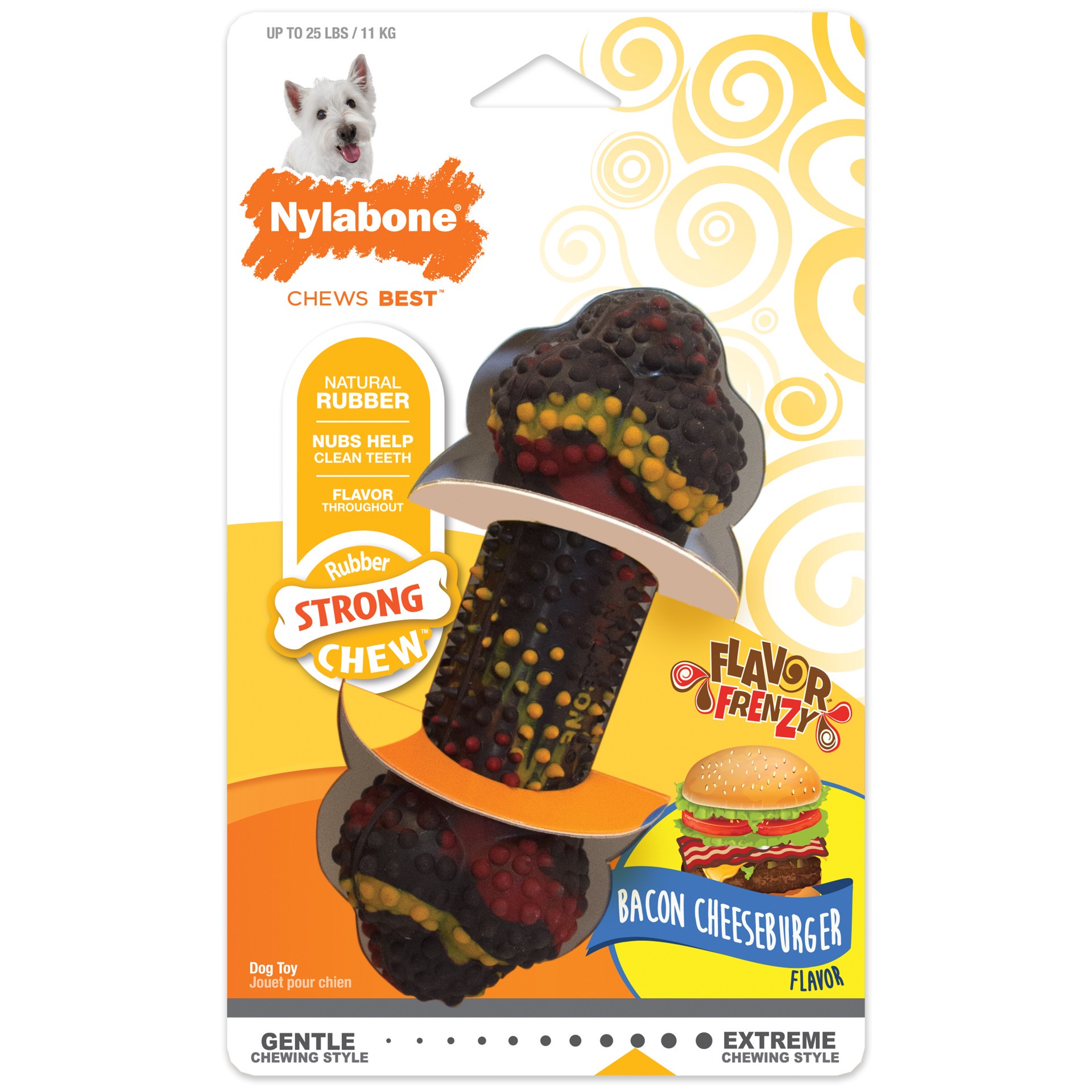 slide 1 of 9, Nylabone Flavor Frenzy Strong Chew Dog Toy Bacon & Cheeseburger Small/Regular - Up to 25 Ibs.(1 Count), SM