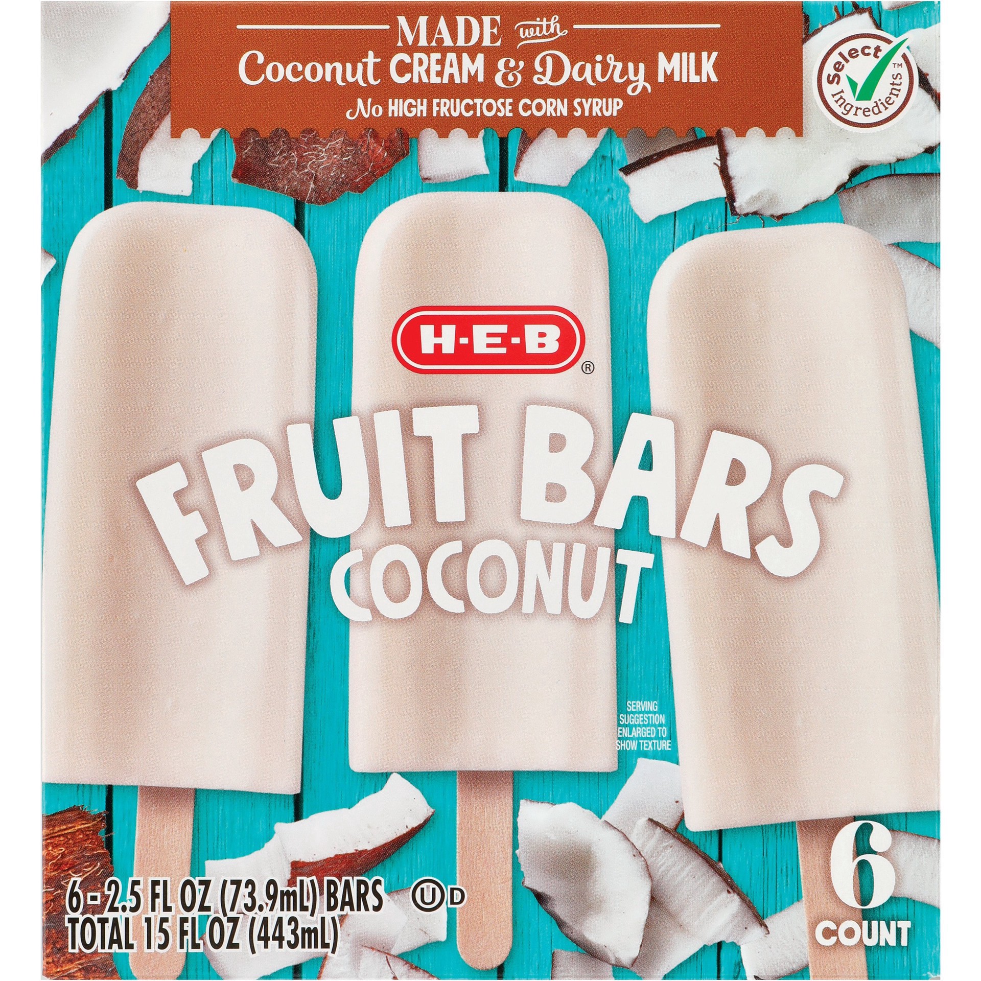 slide 1 of 1, H-E-B Frozen Fruit Bars - Coconut, 6 ct