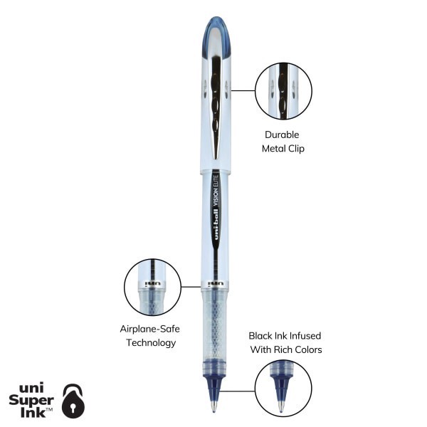 slide 6 of 8, uni-ball Vision Elite Liquid Ink Rollerball Pen, Bold Point, Silver Barrels, Blue/Black Ink, 0.8 mm, 0.8 mm
