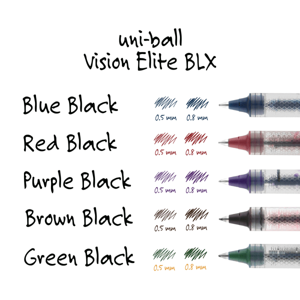 slide 7 of 8, uni-ball Vision Elite Liquid Ink Rollerball Pen, Bold Point, Silver Barrels, Blue/Black Ink, 0.8 mm, 0.8 mm