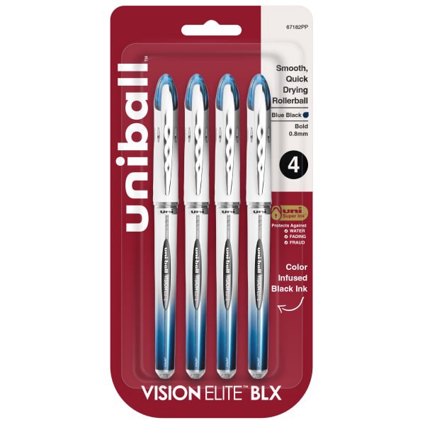 slide 1 of 8, uni-ball Vision Elite Liquid Ink Rollerball Pen, Bold Point, Silver Barrels, Blue/Black Ink, 0.8 mm, 0.8 mm