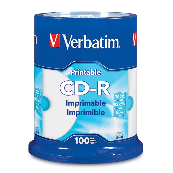 slide 1 of 2, Verbatim Cd-R Printable Disc Spindle, White, Pack Of 100, 100 ct