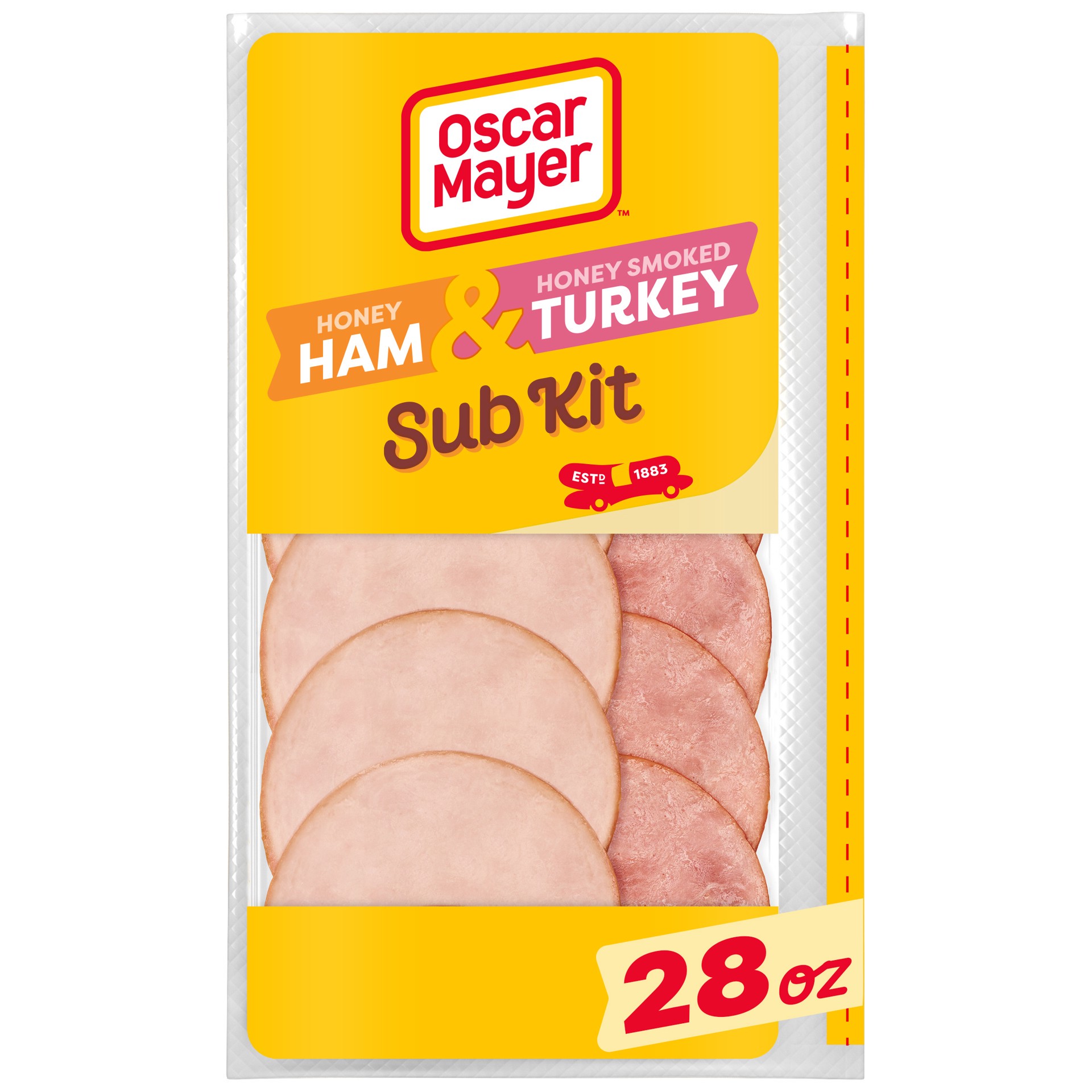 slide 1 of 9, Oscar Mayer Sub Kit with Extra Lean Honey Ham & Extra Lean Honey Smoked Turkey Breast Sliced Lunch Meat, 28 oz. Pack, 28 oz