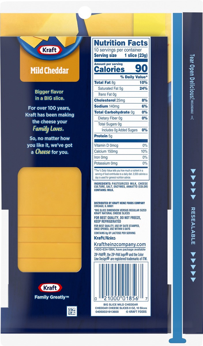 slide 10 of 13, Kraft Big Slice Mild Cheddar Cheese Slices, 10 ct Pack, 10 ct; 8 oz