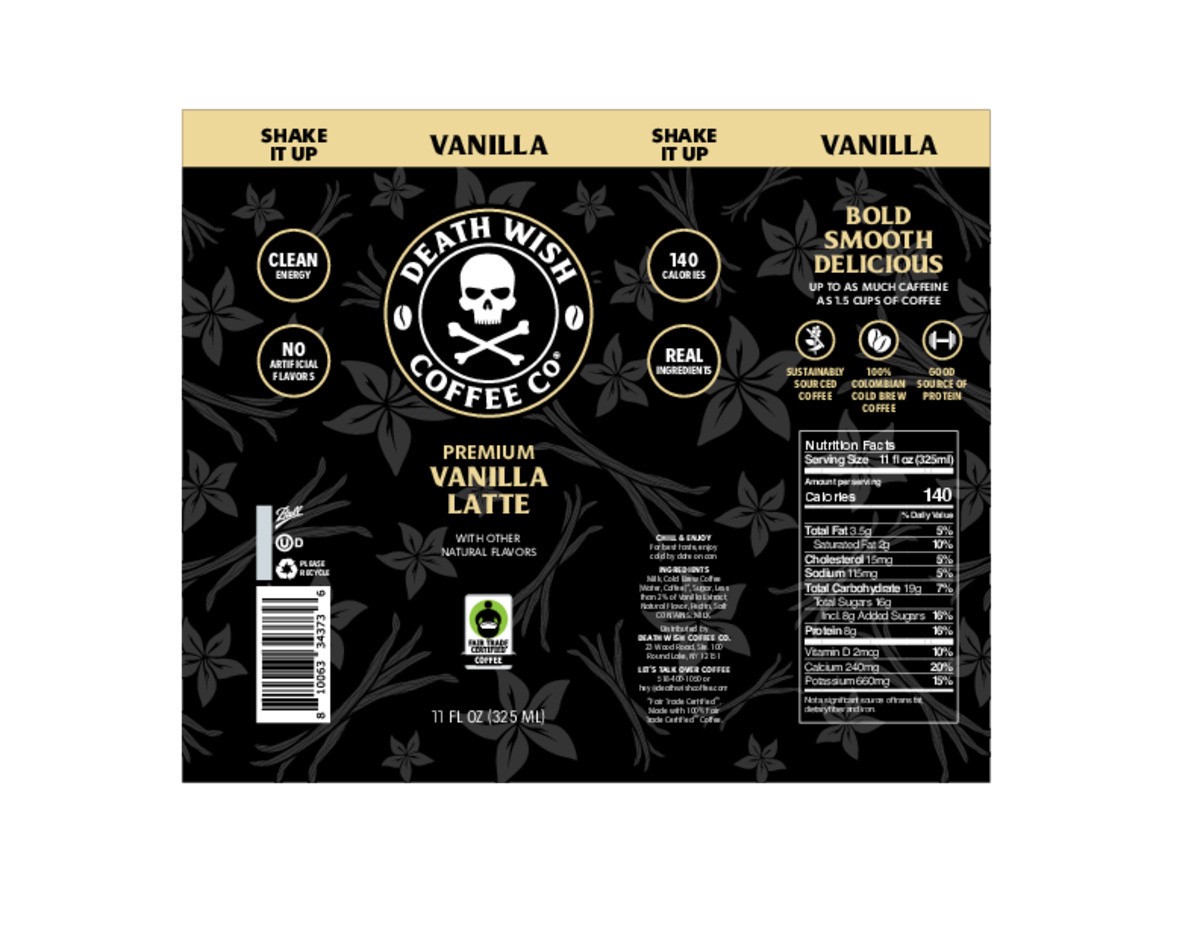slide 2 of 9, Death Wish Coffee Co. Death Wish Coffee, Premium Vanilla Latte, 100% Colombian Cold Brew Fair Trade™ Coffee, 11oz Can, 11 fl oz