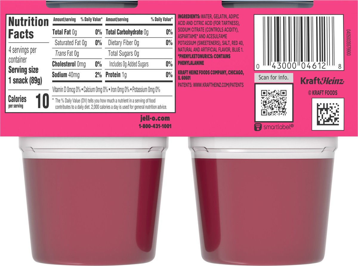 slide 9 of 9, Jell-O Raspberry Artificially Flavored Zero Sugar Ready-to-Eat Gelatin Snack Cups, 4 ct Cups, 4 ct; 12.5 oz