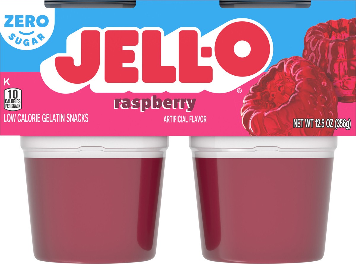 slide 7 of 9, Jell-O Raspberry Artificially Flavored Zero Sugar Ready-to-Eat Gelatin Snack Cups, 4 ct Cups, 4 ct; 12.5 oz